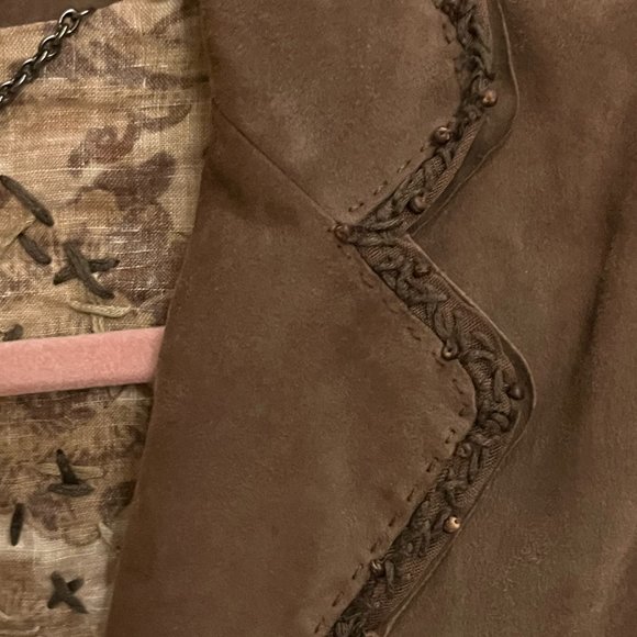 Light Brown Elie Tahari Womens Petite Small Sueded Leather Jacket with Bead Trim - Picture 5 of 7